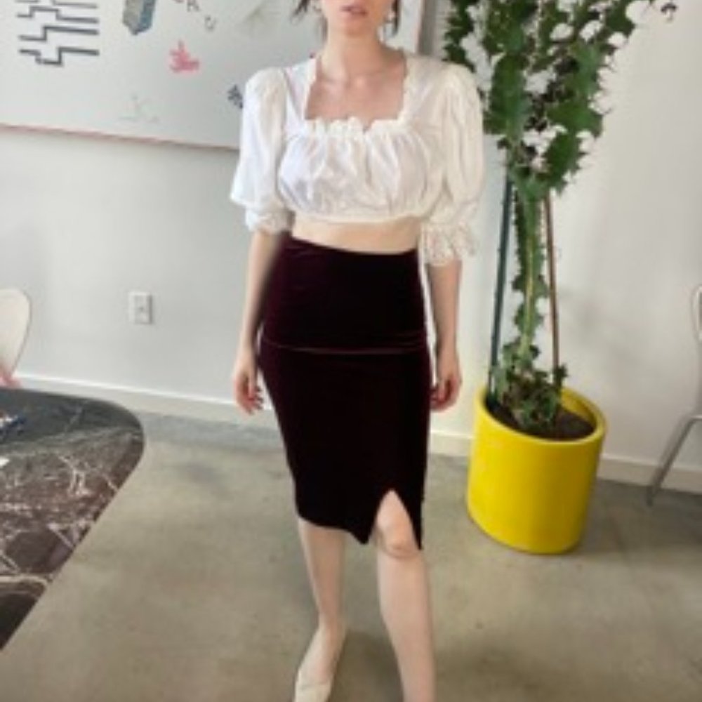 Burgundy velvet pencil skirt